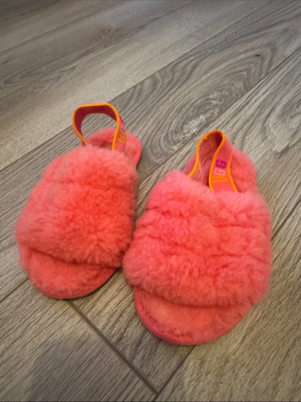 UGG Kids Coral Pink Fuzzy Slide Sandals